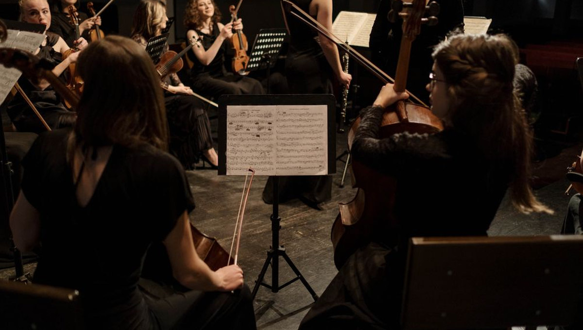 Wide view of a string ensemble performing (illustrative stock photo)